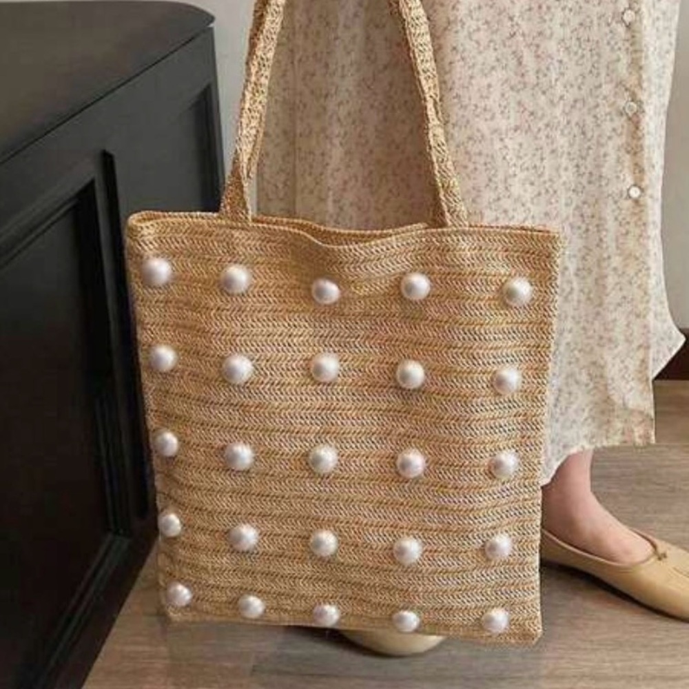 "Sandy" Pearl-Embellished Tan Weaved Tote Bag! NWOT - Picture 4 of 9